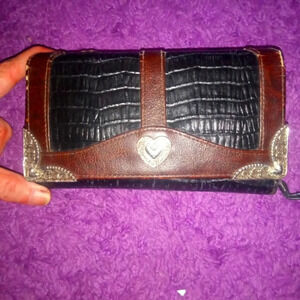 Lavive Leather Co Ladies Brown Wallet. Silver heart accents